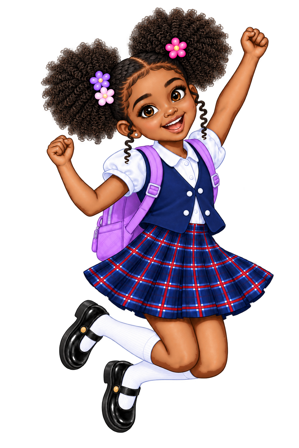 Maia jumping happily in her school uniform and purple backpack.